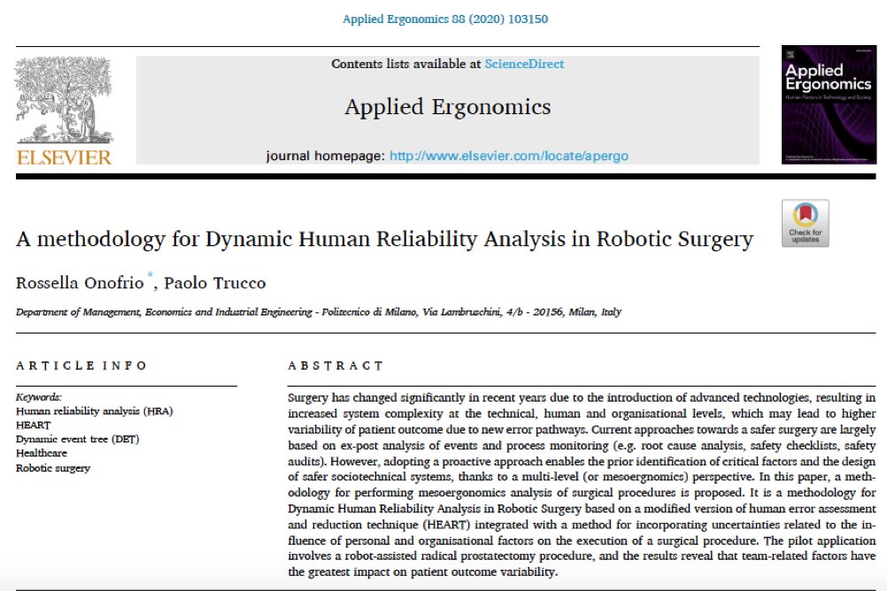 Modern healthcare is a complex socio-technical system, where human and organisational factors play a central role in safety critical procedures. In this paper with <a href="/TruccoPaolo/">Paolo Trucco</a> I am pleased to announce our article authors.elsevier.com/a/1b5VFrfpYGi2.