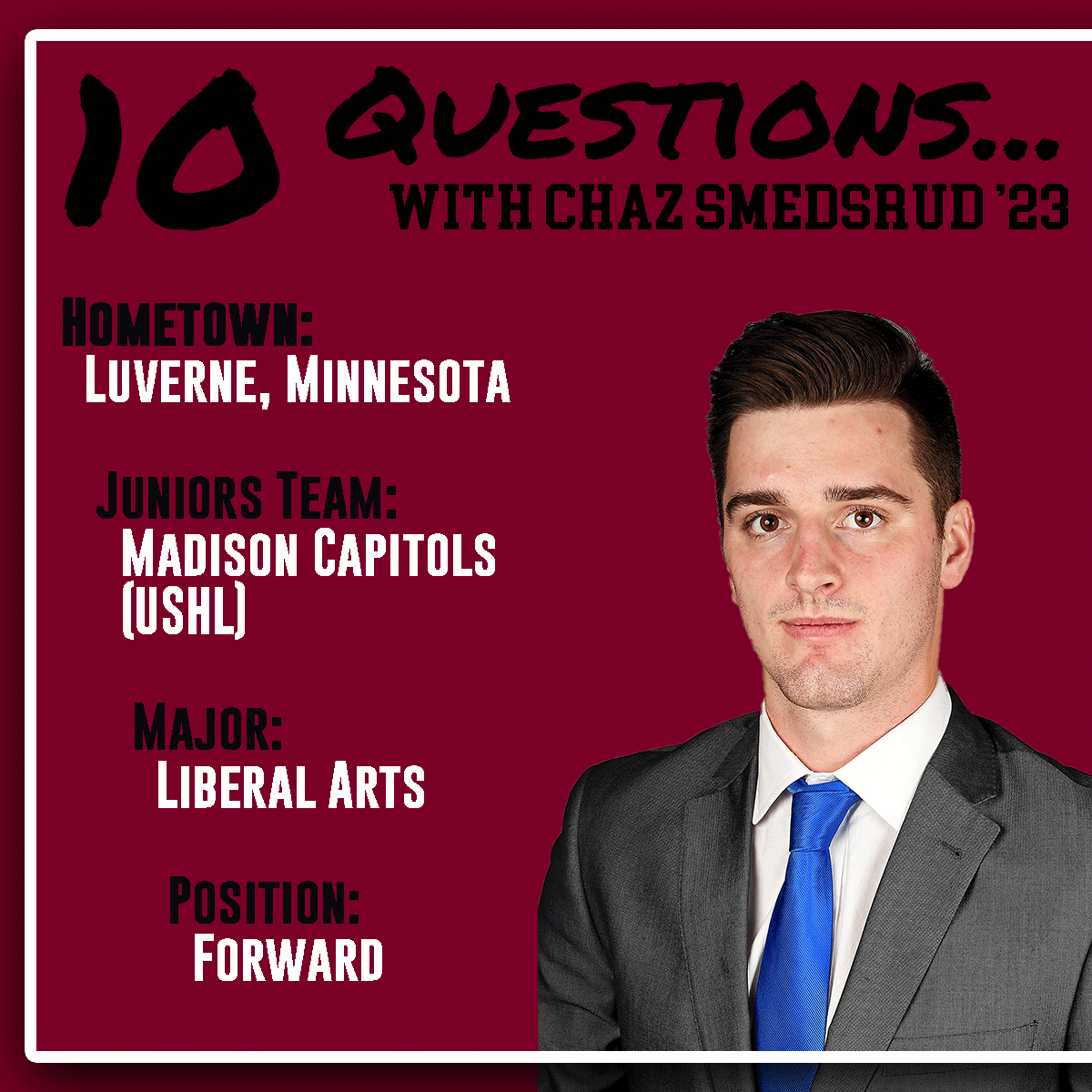 Unionmhockey's tweet photo. Start your Wednesday morning with 10 Questions from first-year forward Chaz Smedsrud!
#GoU https://t.co/XFoC05AuZL