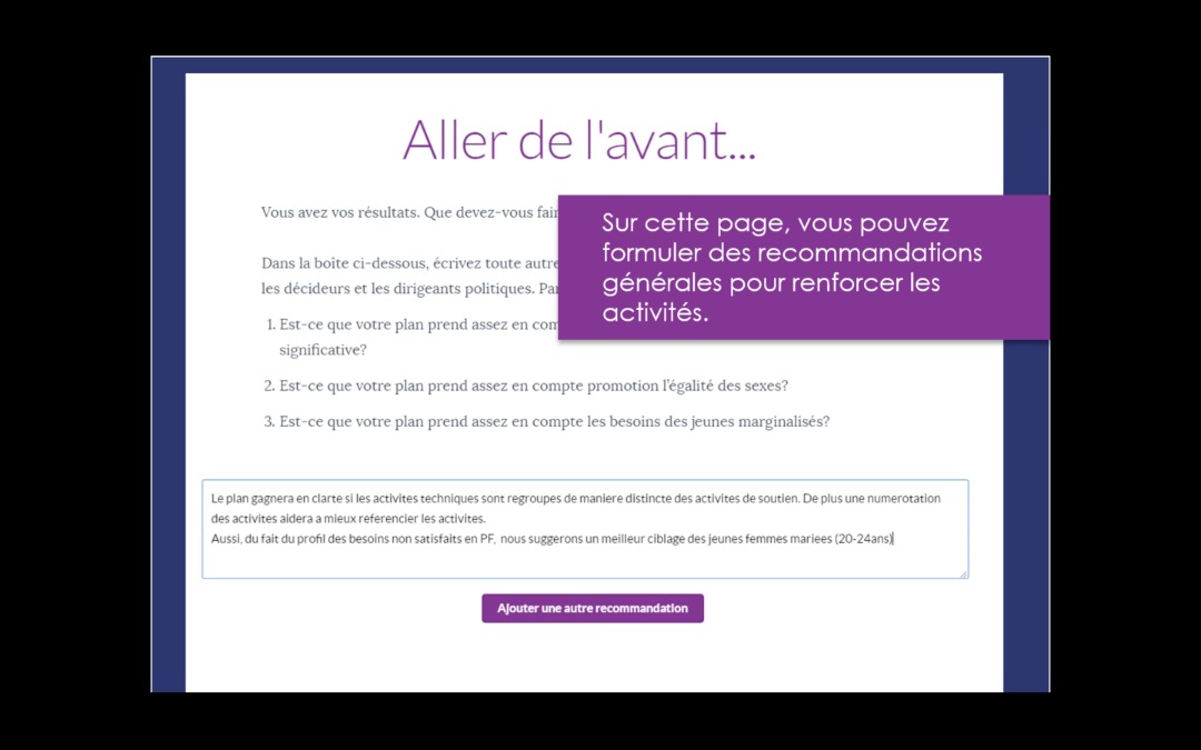 L'outil TARP vous permet de formuler des recommandations générales pour renforcer les activités.
#48hThinktankPO