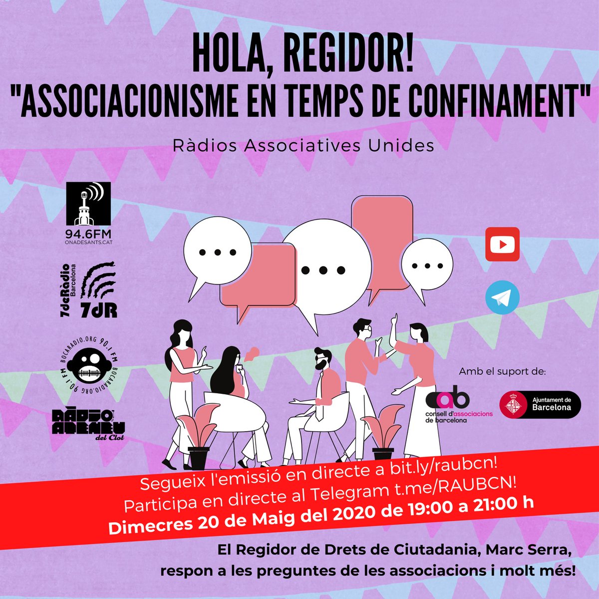 Les entitats pregunten, el regidor respon! 

Avui, de 19 a 21 h, s'emet entrevista al regidor de Participació <a href="/MarcSerraSole/">Marc Serra Solé</a> amb diverses entitats, conduït x <a href="/7deRadio/">7deRàdio Barcelona</a> <a href="/bocaradio/">Boca Ràdio</a> <a href="/onadesants/">@onadesants.cat (bsky)</a> <a href="/radioateneuclot/">RàdioAteneu del Clot</a>   

Programa especial "Hola regidor!" Mireu-lo a bit.ly/raubcn