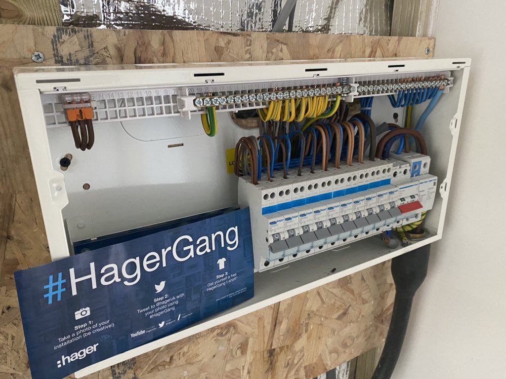 Twelectrician's tweet photo. #hagergang @hageruk nice Hager consumer unit fitted this morning with nominative Rcbo’s . We absolutely love these boards 😍👌🏻all ready for energising in the next few weeks all being well with other trades. https://t.co/4N0zh2N2E3
