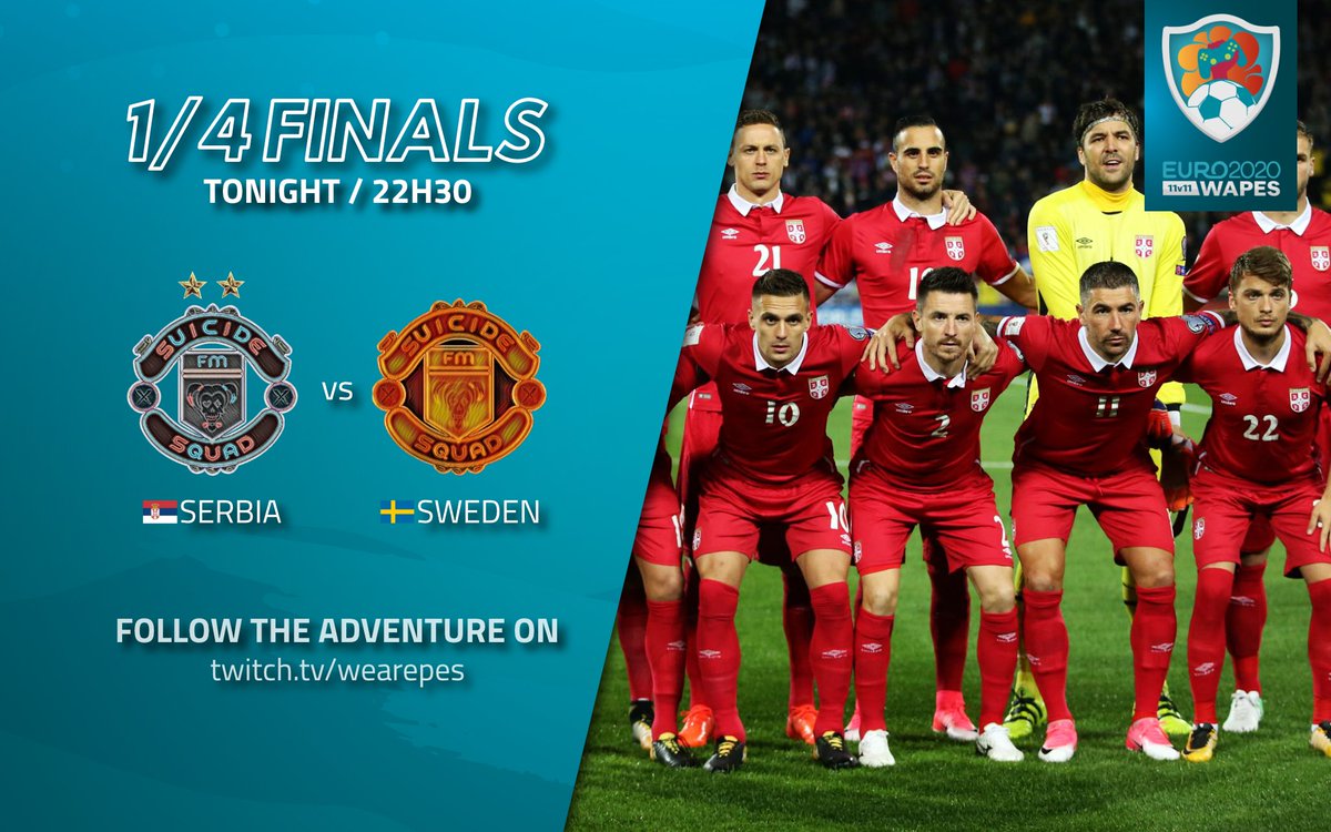 WapesLeague's tweet photo. Tonight's Main Event #WAPESEURO 2020 Quarter Finals 🏆

22h 
@FUMAXPatria 🆚 #vPestiamo
🇭🇷 🆚 🇹🇷

2230h
@SuicideSquadFM 🆚 @SuicideSquadFMS 
🇷🇸 🆚 🇸🇪

Starting live 2200 CET on WAPES League TV
https://t.co/M0GCr5hULT 

#fullmanual #11VS11 #WAPESLEAGUE #WAPESEURO2020 
@officialpes https://t.co/q7LX8463qr