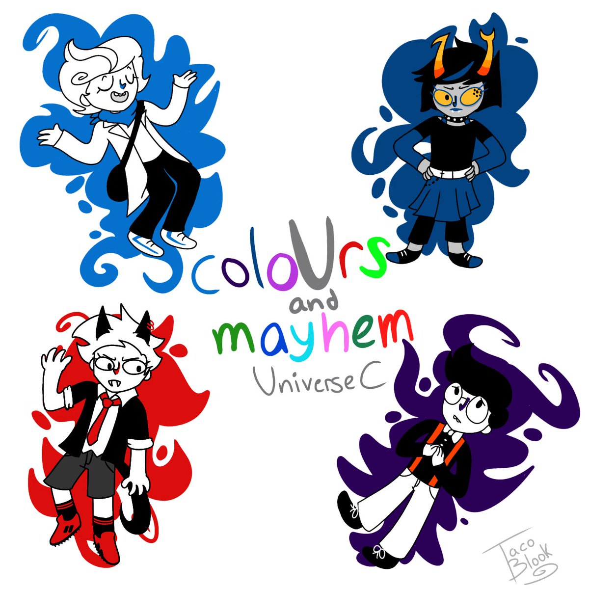 Tacoblook's tweet photo. Colours and Mayhem, Universe C (this was in my folders since a while but I was waiting for Yiffy's canon design) #homestuck #homestuck2 https://t.co/Oa3iWWWADl