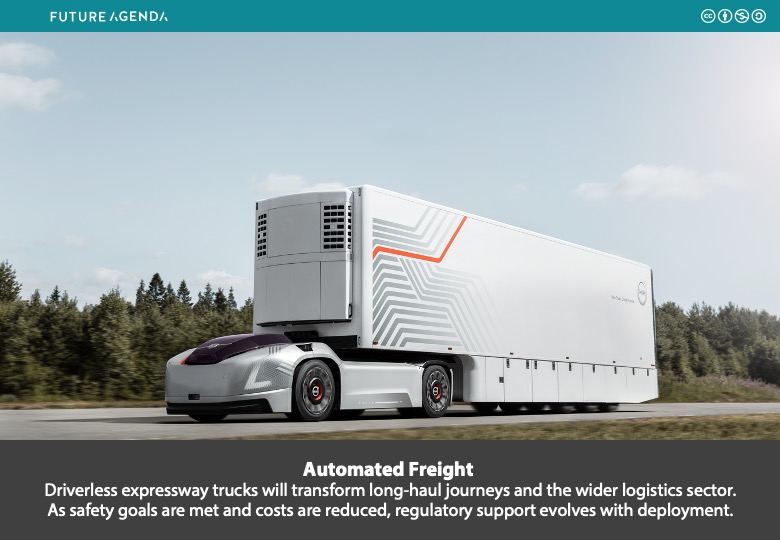 futureagenda's tweet photo. Automated #Freight "Driverless expressway trucks will transform long-haul journeys and the wider logistics sector. As safety goals are met and costs are reduced, regulatory support evolves with deployment." Details  https://t.co/ZoGZpLNn0H #Volvo #AutonomousVehicles #logistics https://t.co/bIv6ieBgAt