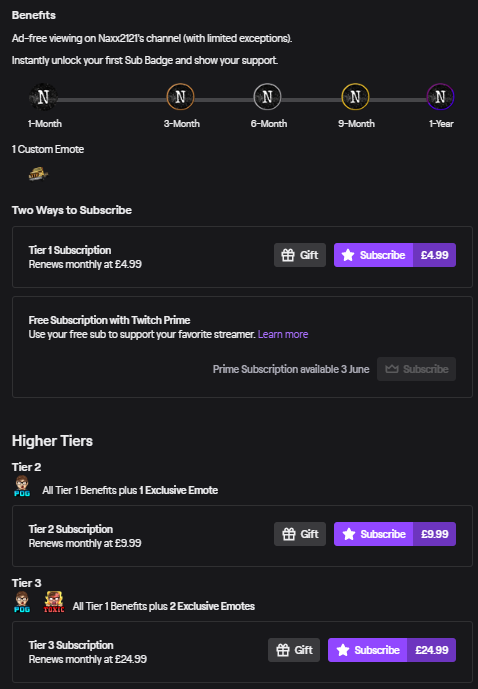 Naxx2121's tweet photo. Here are the current benefits for subscribing to me on https://t.co/j5F7zxggtK 
I have emotes for each tier sub but over time once I have unlocked more sub emote slots for tier 1 I will try to make most emotes appear in tier 1 and not really use the higher tier subs as (1/2) https://t.co/LmpLJ3lcTm