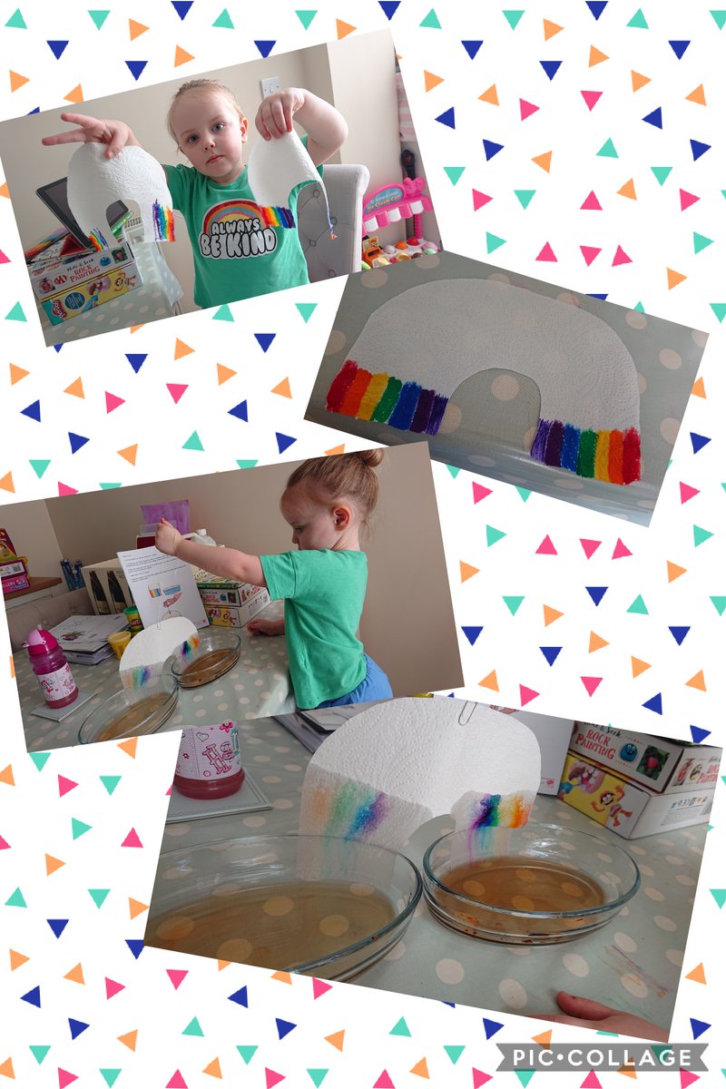 TeamHickey's tweet photo. Continuing with our weather theme this week, Hannah has been 'growing' rainbows today using kitchen roll and felt tip pens. 🌈 https://t.co/JKBoVX2GBr