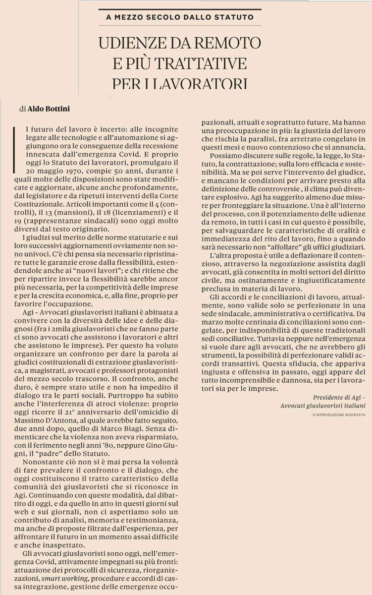 Potenziamento delle udienze da remoto e negoziazione assistita per evitare lparalisi giustizia del lavoro. 
L'articolo di <a href="/bottaldo/">Aldo Bottini</a> in occasione dei 50 anni della legge 300

Segui, alle 17, la diretta "Mezzo secolo di Statuto. A che punto è il lavoro?" 👉 bit.ly/50-anni-statut…