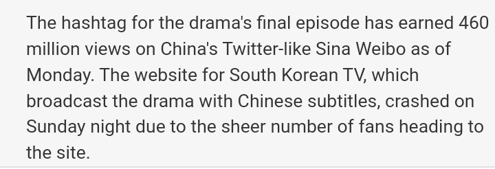 china’s streaming website for the south korean drama crashed on the night it aired the final episode due to the enormous number of users + the hashtag for its final episode earned over 460 million views