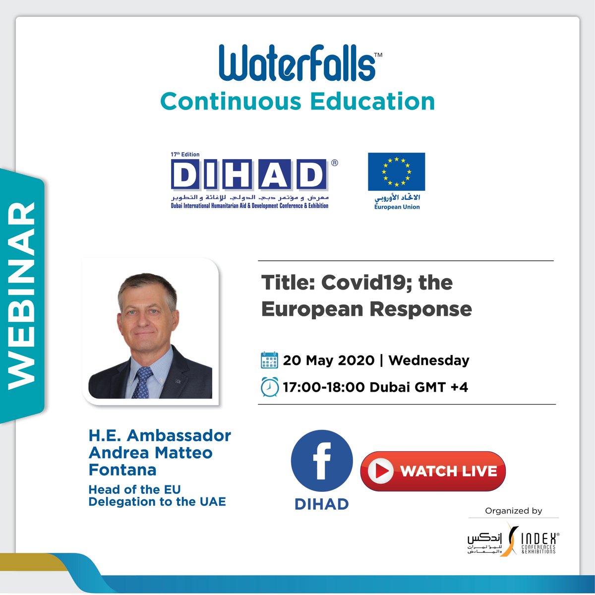 dihad's tweet photo. Stay tuned for our first webinar session scheduled today at 5pm UAE time. The webinar will stream live in DIHAD Facebook Page.
(link https://t.co/aZgLSv9LC6 )
#DIHAD #EU #Webinar #Covid19 #Response #Online #UAE #Humanitarian #Aid #Development #FacebookLive #Live #IndexEvents https://t.co/HxNZGFDIpB