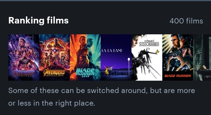 EndgameOdyssey's tweet photo. Since December 31st 2018 I have ranked every film I have seen on @letterboxd. 
Today, I reached 400. https://t.co/0vPjW7ahk5