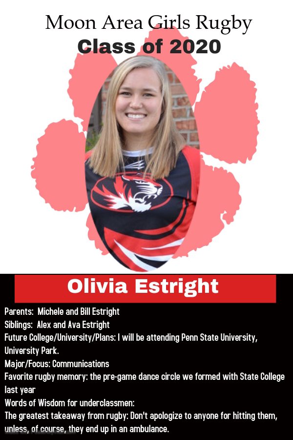 MAGirlsRugby's tweet photo. Today’s senior is our Number 8 and Captain, Olivia Estright.

@OliviaEstright @MoonTigersAD https://t.co/FmGKEJxqqp