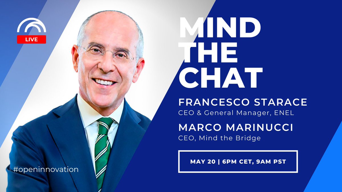 ⏰ TODAY | #MindTheChat LIVE!
6PM CET 9-10AM PST w/ <a href="/starax/">Francesco Starace</a> <a href="/EnelGroup/">Enel Group</a>
interviewed by <a href="/mmarinucci/">marco marinucci</a>

🌏♻️How to build a more sustainable world after #COVID19? cc <a href="/EnelGroupIT/">Enel Group</a> <a href="/enelgreenpower/">Enel Green Power</a>
#energy #Renewables #openinnovation #startup

→ Join the LIVE! youtu.be/x3ftGWFVIGw