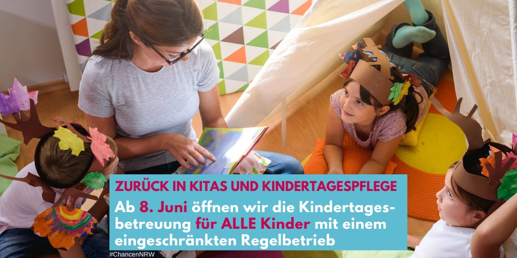 ChancenNRW's tweet photo. Ab 8. Juni können alle Kinder in #NRW in reduziertem Umfang (35, 25 und 15 Stunden pro Woche) zur #Kindertagesbetreuung gehen. Details hier: https://t.co/LpNQzoLfGz #Kita #Kindertagespflege https://t.co/PbpoIEJHT4