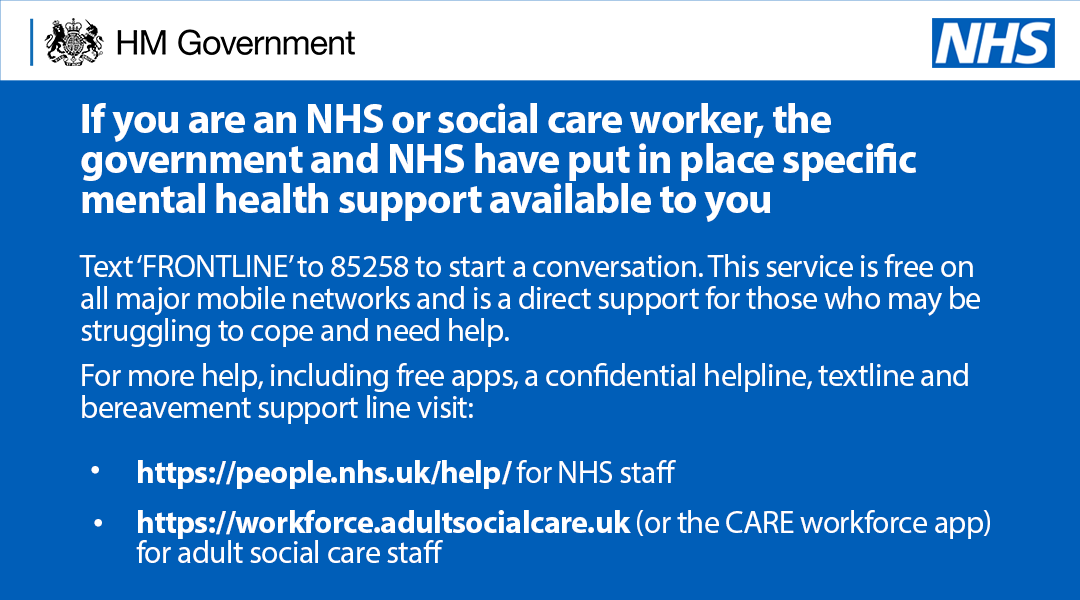 10DowningStreet's tweet photo. Specific support is available to NHS and social care workers who are struggling with their mental health.

Text ‘FRONTLINE’ to 85258 to start a conversation. https://t.co/Uhh01j0Zcj