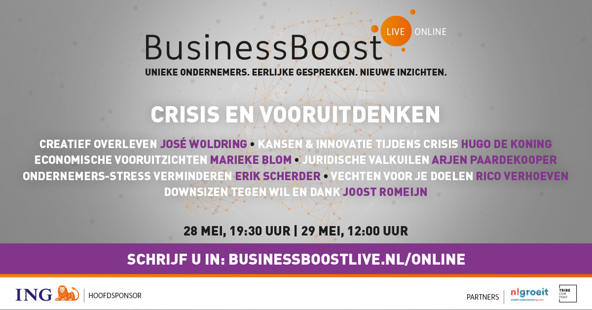 businessboostl's tweet photo. Sofie van den Enk gaat op 28 en 29 mei opnieuw het gesprek aan met verschillende ondernemers en experts, dit keer over Crisis en Vooruitdenken. Meld u gratis aan met code BBLO-ONLINE via https://t.co/sMhD0vxa7h. #webinar #ondernemen #businessboostlive #online https://t.co/7X7bgkR46o