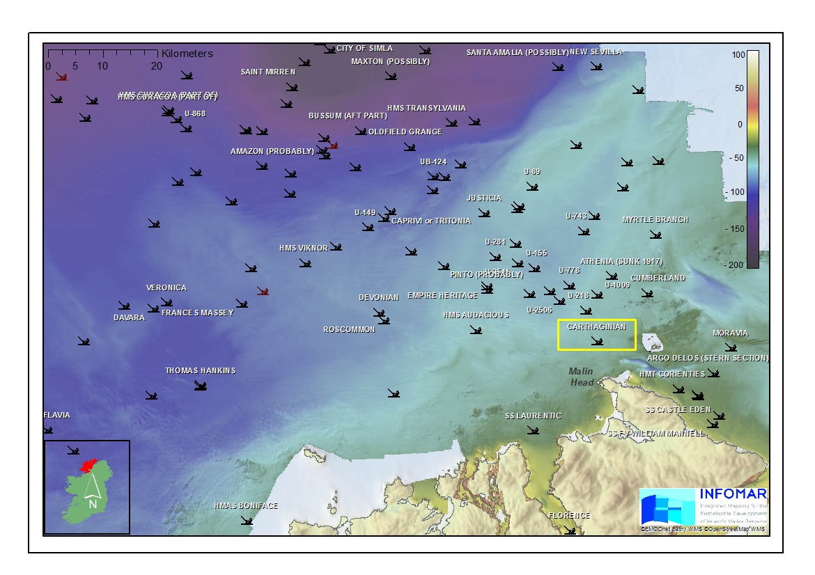 #OnThisDay in #1917 

The Carthaginian Passenger Liner, at 116m long and 21m wide hit a mine & sank 7km N of Malin Head #Donegal. It now lies at 54m deep. 

Check out the #Shipwreck viewer here➜ bit.ly/3xEsiET  

@Dept_ECC @GeolSurvIE @MarineInst