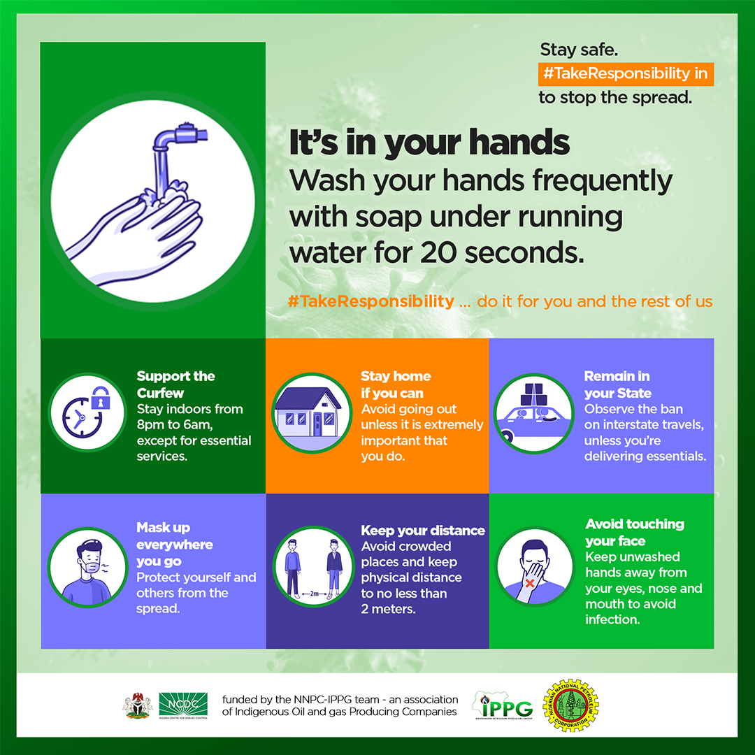 Simple actions like washing your hands with soap and water or coughing into a tissue or your elbow can make a huge difference for yourself and others. #TakeResponsibility
 
#NNPC_IPPGcovid19PSA
@NNPCgroup
<a href="/IPPGNigeria/">IPPG</a>
<a href="/NCDCgov/">NCDC</a>