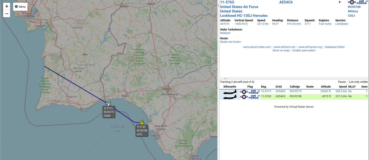 civ_pt's tweet image. United States Air Force 🇺🇸

12-5773 #RCH5773
11-5765 #RCH5708
Two Lockheed HC-130J Hercules, Descending to Rota Airbase #LERT #ROZ

#potn #planespotting #virtualradar #ADSB #avgeeks #avgeek  #military #USAF