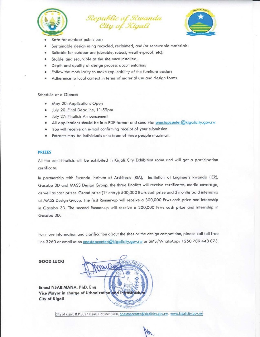 CityofKigali's tweet photo. The city of #Kigali is calling all students of School of Architecture and the Built Environment @Uni_Rwanda to be part of our design competition of a public outdoor bench, tagged: “KIGALI YACU” Activating Public Outdoor Space One Bench at a Time. https://t.co/eFQKyjysE2