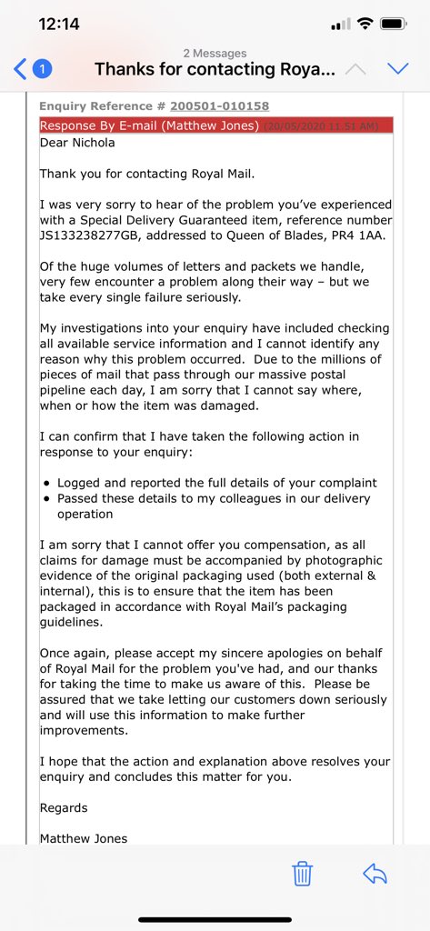 willsykay's tweet photo. @RoyalMail when I purchase your insurance and you don’t state there and then to take a photo internally and externally of the package.  You damaged £150 of my grooming blades.  See you in small claims court.  This was posted in lockdown so extreme circumstances.  DISGUSTING https://t.co/SnwuerSe3e
