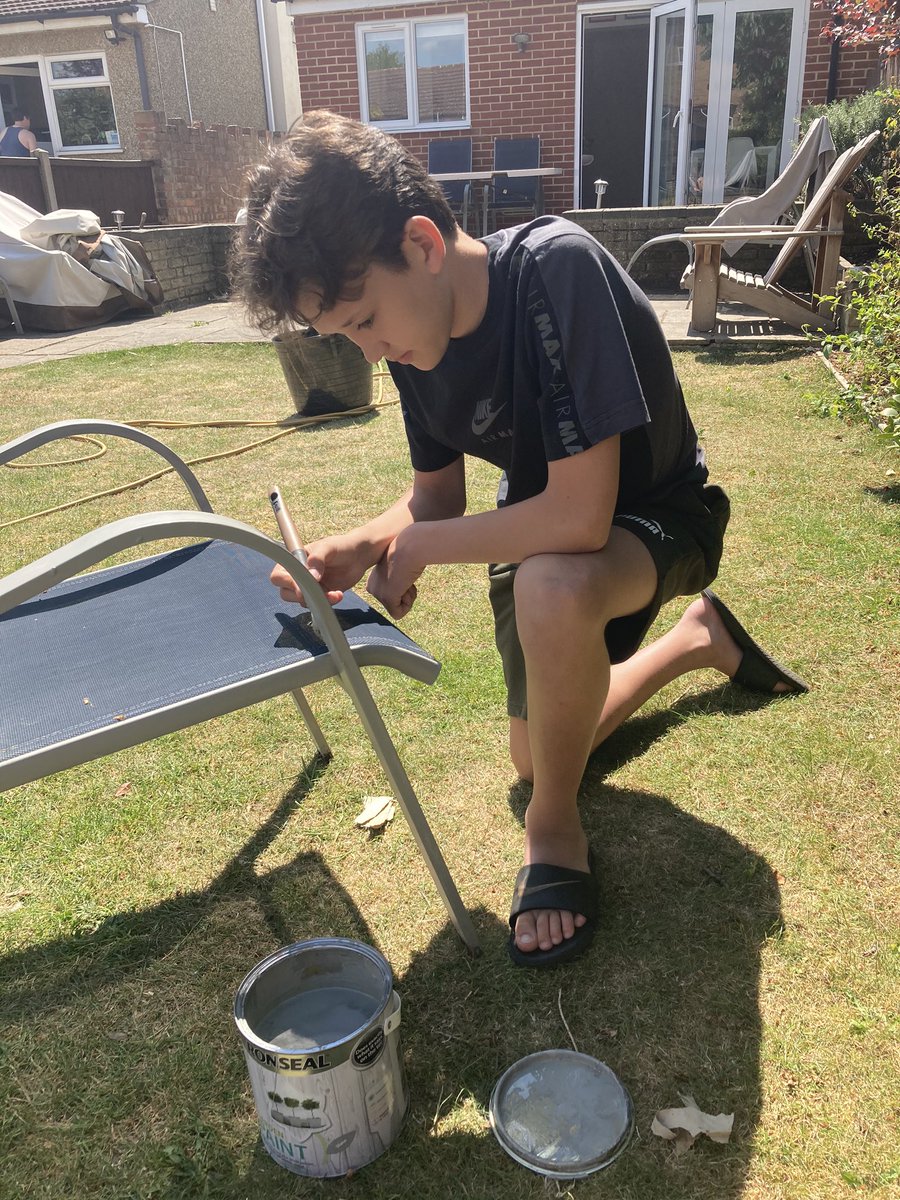PeteGoyette's tweet photo. @weswellbeing Not exactly creative but Charlie has helped to up cycled our old garden chairs #Weswellbeing #houseolympics #Rokell https://t.co/w3VowrHU9k