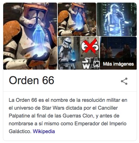 No se vayan todavía, aún hay más:La "Orden 66" es la instrucción de ASESINAR A TODOS LOS JEDIS.(a estas alturas, me extraña que se le cayera un 6)