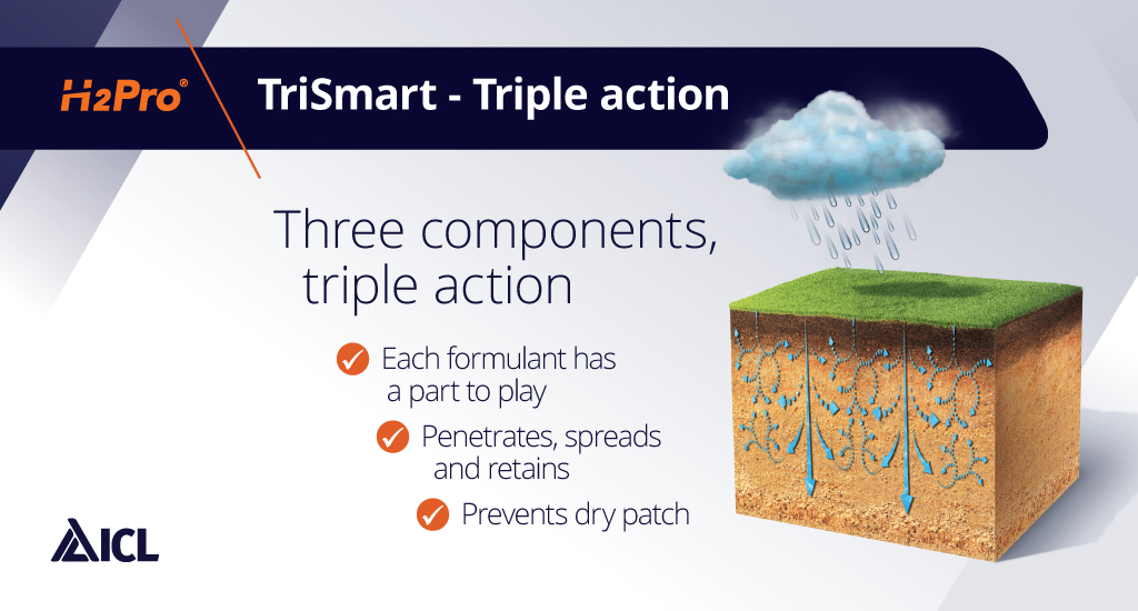 H2Pro TriSmart is formulated with six surfactant technologies to improve water movement and retention within sandy rootzones, providing even water spread throughout the rootzone to greater depths.2/6