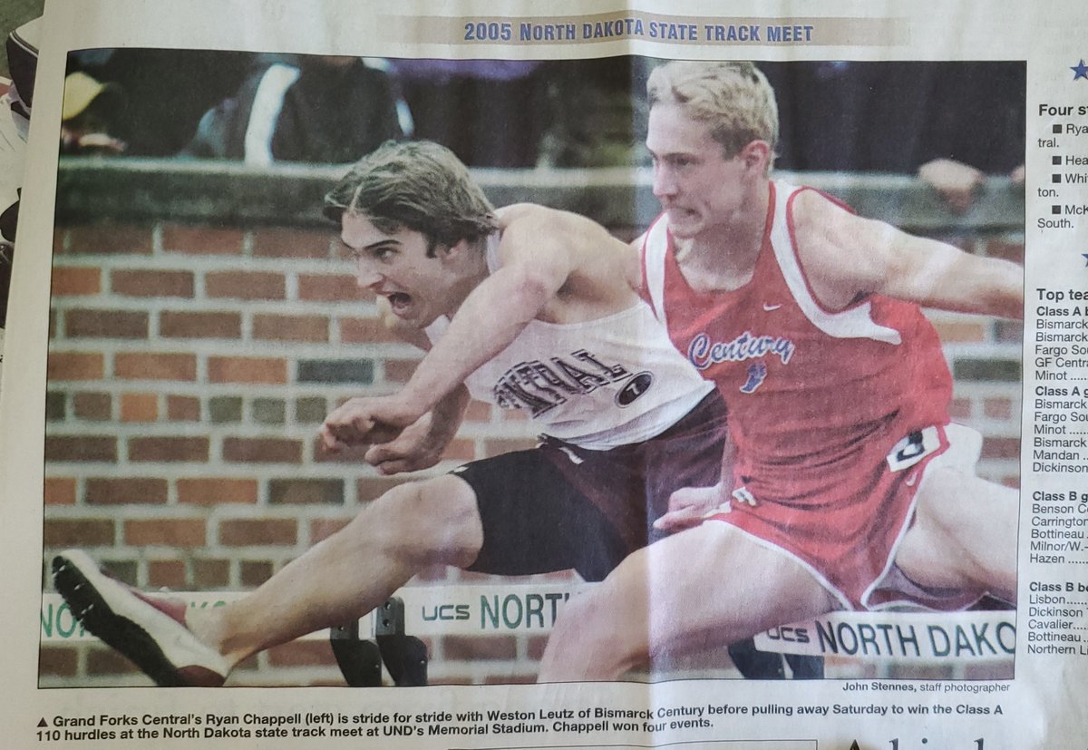 RoryBeil's tweet photo. This race deserve honorable mentions. 2005 Class A 110 Hurdles. Two all-time greats, Grand Forks Central’s Ryan Chappell (#2 all-time when he graduated) defeated Century’s youngster and future all-time best performer Weston Leutz 14.36 to 14.51. https://t.co/jtvxtIS8hL
