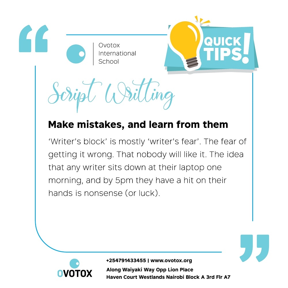 OvotoxHQ's tweet image. You&apos;ve got to make your own mistakes to learn. Perfection can never be attained in a day. Keep writing, keep trying.
bit.ly/2SNK8CV
#howtobecomeagreatscriptwriter #scriptingtips #bestfilmproductionschoolinnairobi #leadingfilmproductionschoolinkenya #OIS #ovotox