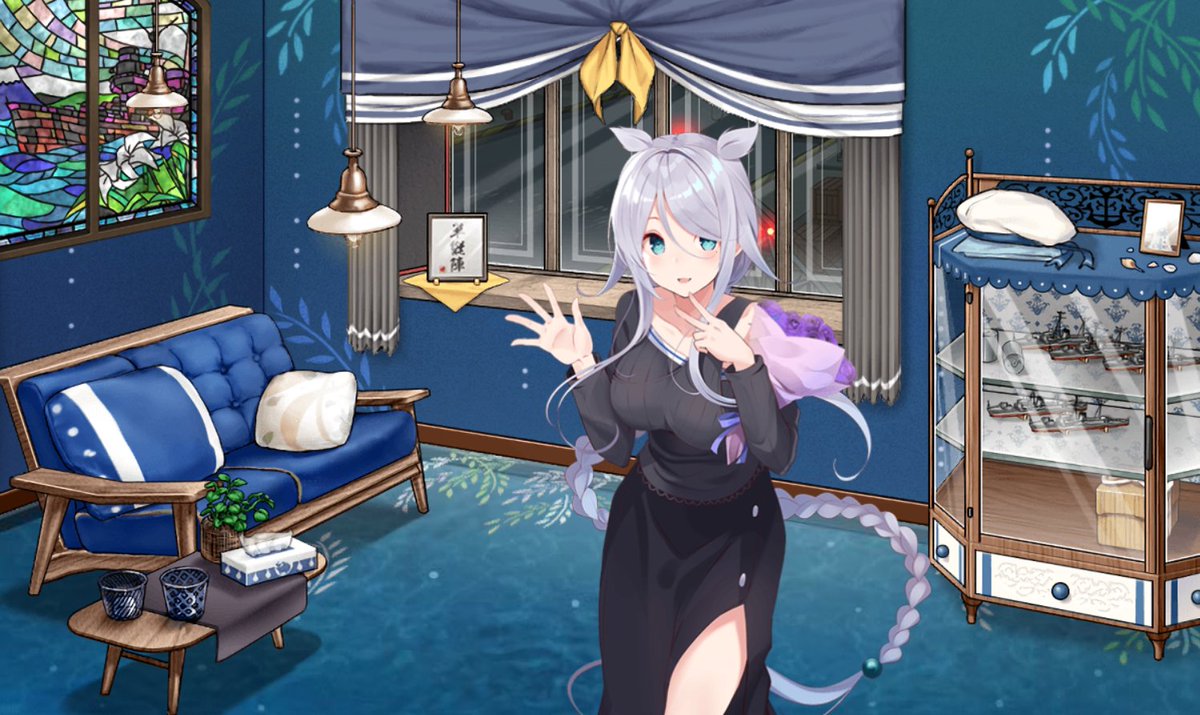 くりはし 艦これ ネタバレ注意 ネタバレ防止 海風ちゃんの新限定グラです 七周年記念の春の花束modeでしょうね 指で七を表してこちらを向く顔かわいいです 黒系の服なので美しい足が目立ちますね