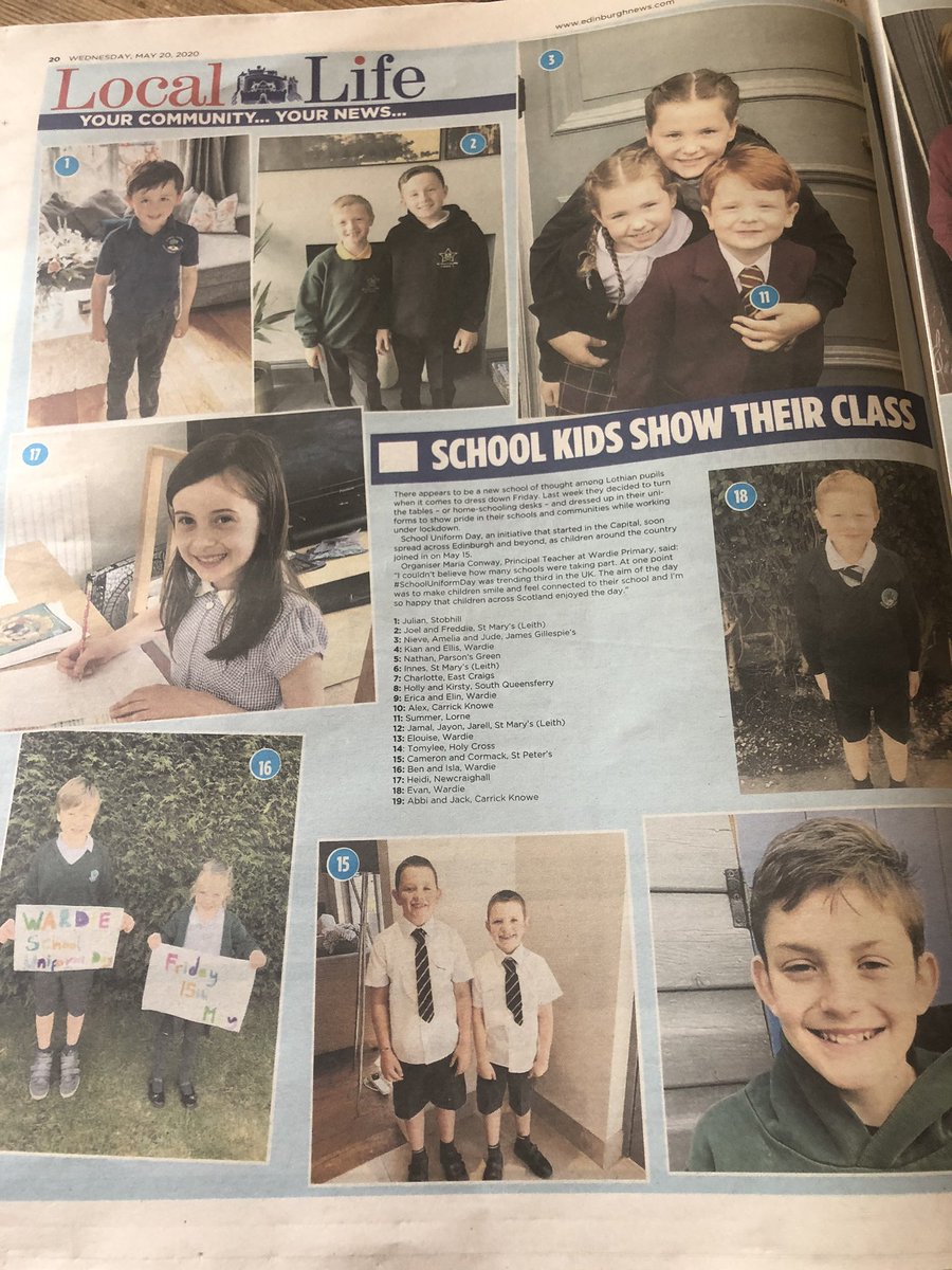 WardiePS's tweet photo. Look at all these happy smiles from #SchoolUniformDay last week in todays Edinburgh Evening News! 😃 @st_marys_leith @CarrickKnowe @holycrossrcps @weeunicorns @StobhillPS @EastCraigsPS @LorneSchool @St_Peters_Edin @newchprimary @QueensferryPS https://t.co/oZT9v0pAc2