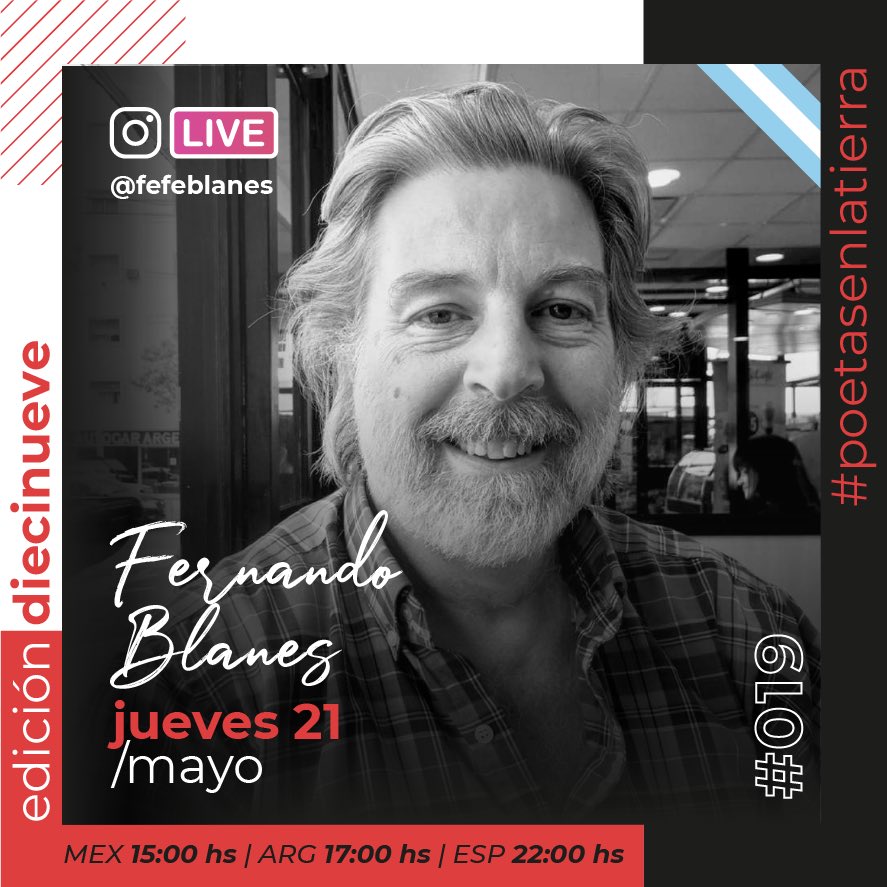 Este JUEVES 21 de mayo a las 17hs 🇦🇷/ 22hs 🇪🇸 , nos daremos el lujo de contar con Fernando Blanes EN VIVO desde su cuenta de Instagram compartiéndonos un texto literario. ¡Gracias Fefe por ser parte de nuestra EDICIÓN DIECINUEVE de #poetasenlatierra ! 🙌🏽🤗📖🎭❤🌍