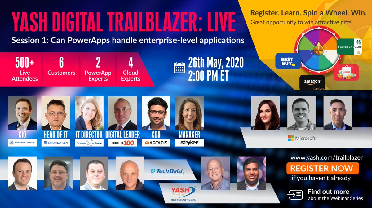 YASH_Tech's tweet photo. #YASHDigitalTrailBlazer #Roundtable series starts on May 26, at 2 PM ET. Listen to distinguished technology leaders from across the Americas, Register today to spin and win. https://t.co/IiQdv7IUSf

@Microsoft @MSPowerApps @TechieKumar @RachelLynnJung @elfminion @bjmcsm https://t.co/H02WQuV6Yd
