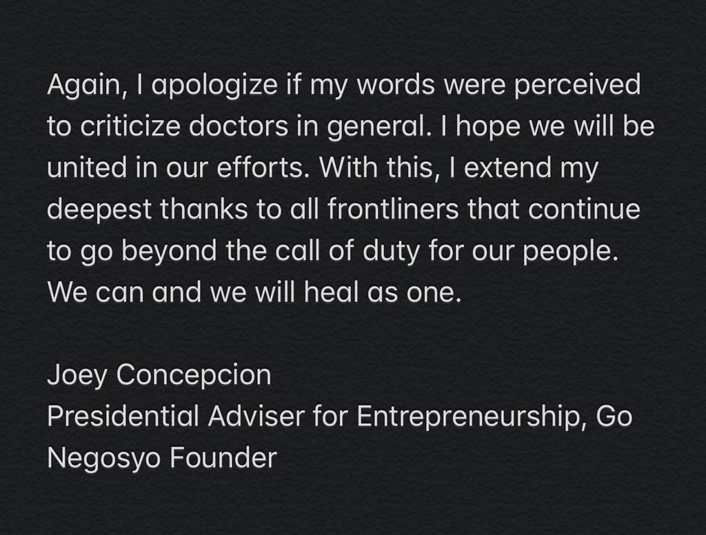 gmanews's tweet photo. READ: Presidential Adviser for Entrepreneurship Joey Concepcion apologizes to doctors for saying “salita (sila) nang salita wala namang ginagawa.” | via @cedric_castillo https://t.co/5JIvEB8q37