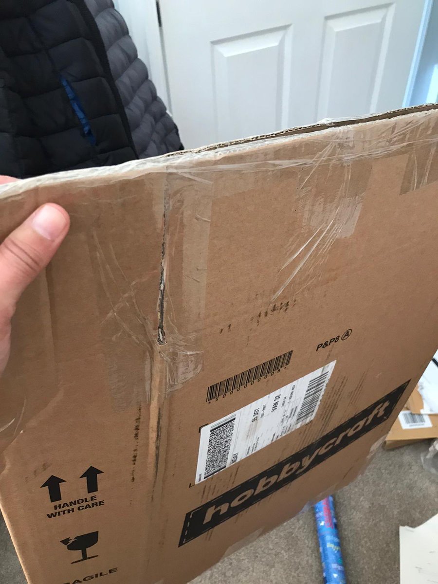 VictoriaEaston1's tweet photo. @Hobbycraft_Help £6.50 extra postage for a flat pack box that has been used to package a box! How is this acceptable. Everything inside is squashed. https://t.co/Fb2kG4Nmy0