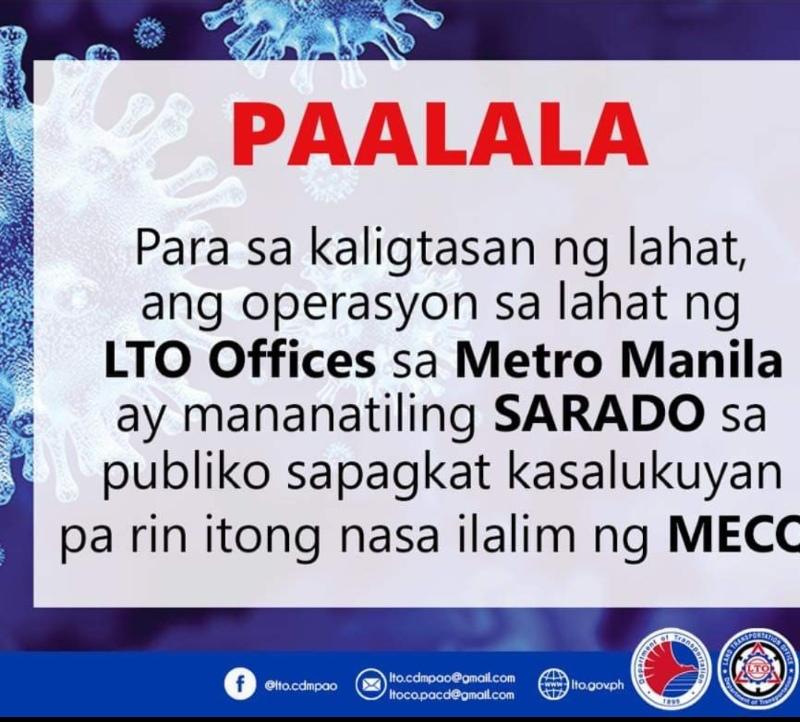 PAALALA: Para sa kaligtasan ng lahat, ang operasyon sa lahat ng LTO Offices sa Metro Manila ay mananatiling SARADO sa publiko sapagkat kasalukuyan pa rin itong nasa ilalim ng MECQ.

#DOTrLTO 🇵🇭👊
#ComfortableLifeForAll
#LTOLookThinkObey👀🧠👌