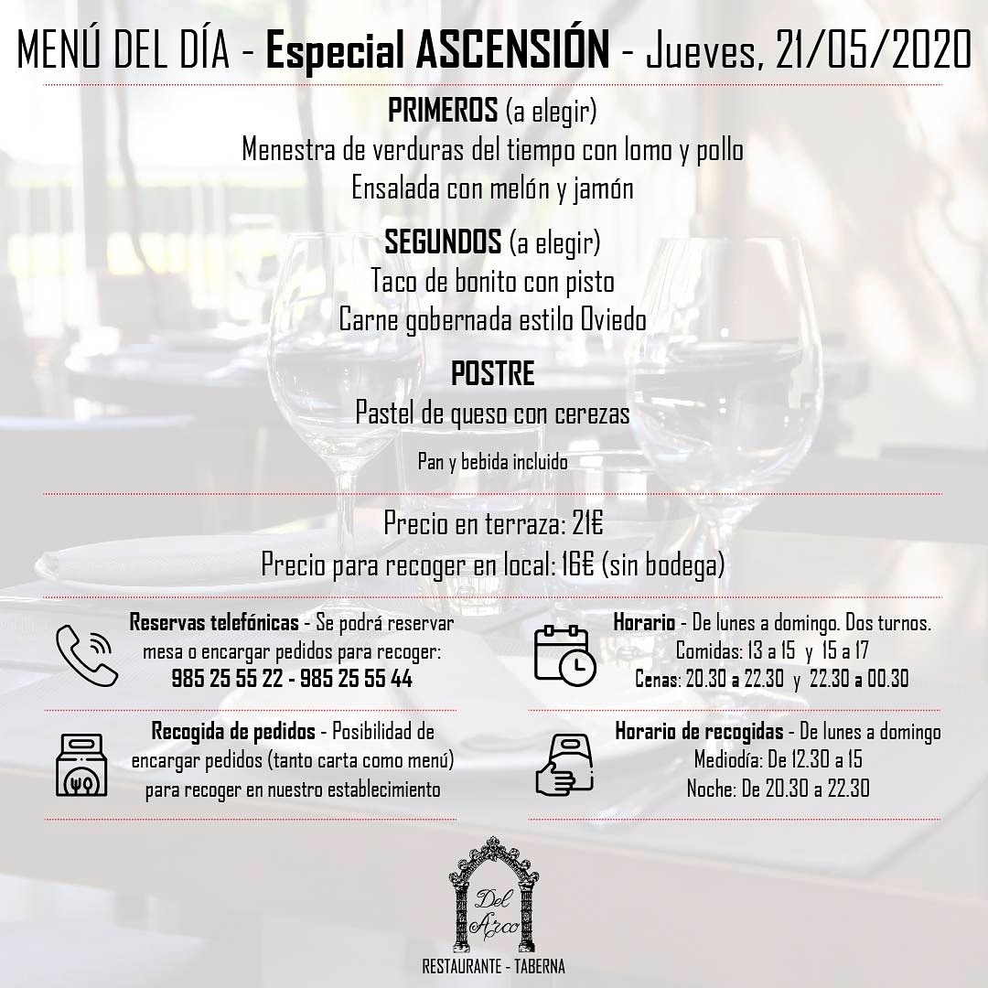 Mañana incluiremos el Menú de la Ascensión en nuestro menú diario.  Estará disponible para servicio en terraza y para recoger. 
🖥️ Mas información: delarco.com 
☎️ Reservas o encargos: 985 25 55 22 ó 985 25 55 44.
  #MenuAscension #MenuAscensionOviedo #AscensionOviedo