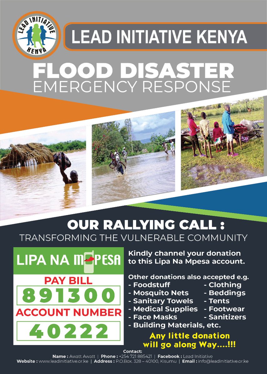 Many more have lost lives in Kenya bcoz of FLOODS than COVID-19. We thank all who have donated something. 

29/5/2020, we will distribute foodstaff,clothes,footwear,masks etc to the targeted displaced persons.