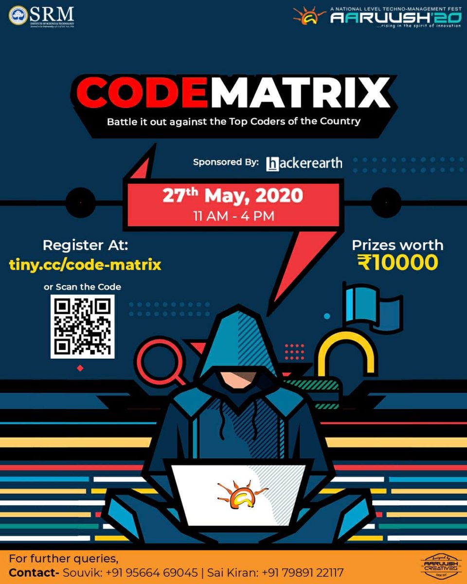 aaruushsrmist's tweet image. Aaruush brings to you #CodeMatrix: 5-hour Programming Challenge to test your resilience and skill! Taking place on 27th May, 11AM-4PM, with prizes worth Rs.10,000. Register here to be a part of the battle:
tiny.cc/code-matrix
#Hackathon #Aaruush #CodeNewbie #programminglife