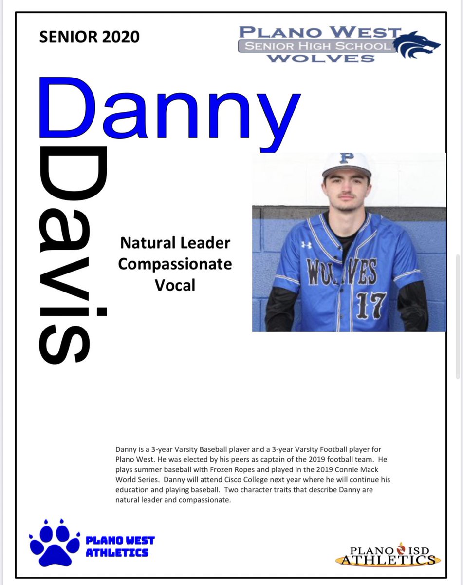 The Plano ISD Athletic Department recognizes Senior Danny Davis Plano West Senior High!  <a href="/PWSHBaseball/">Plano West Baseball</a> <a href="/PlanoWestHype/">Plano West</a> #PlanoISDSeniors2020
#WolfpackSeniors2020