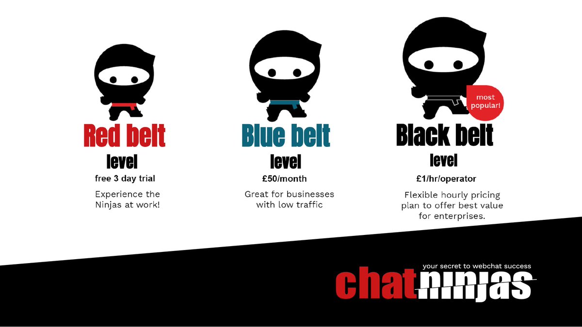 Our flexible Ninja services can be tailored to any business of any size, so you only pay for what you need.

From the ‘red belt’ free trial through the mid-range ‘blue belt’ to full ‘black belt’ Ninja level – we have the plan for you.

Find out more here: bit.ly/2T8Nlx9