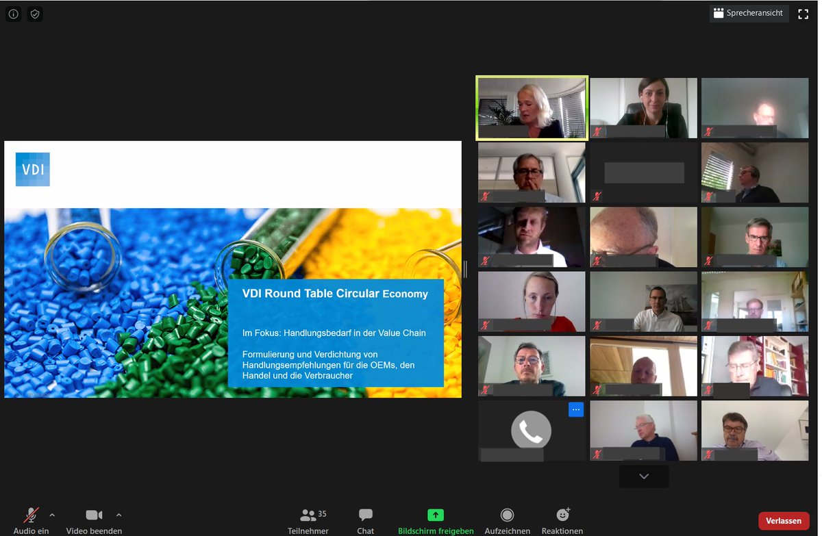 Der 3. #VDIRoundTable zum Thema #CircularEconomy startet – dieses Mal #digital. Wir sollten die Chance nutzen und uns jetzt Gedanken darüber machen, wie wir in der Post-Corona-Zeit nachhaltiger wirtschaften, ermutigt #VDI-Direktor Ralph Appel die Teilnehmer in seiner Begrüßung.