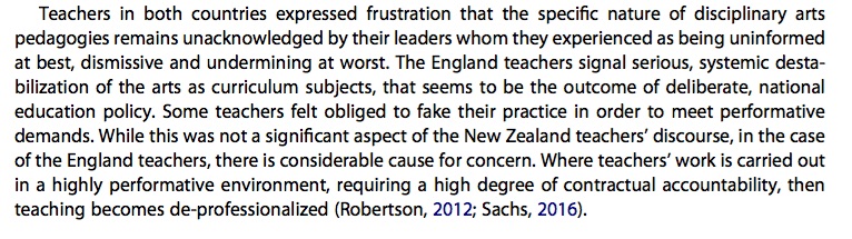 Prof Martin Fautley (@drfautley) on Twitter photo This is interesting (attached) from <a href="/vicki_thorpe5/">Vicki Thorpe</a> <a href="/DrToriKinsella/">Victoria Kinsella-Hadjinestoros</a> paper comparing NZ & England arts tchrs. These are comments from in-post teachers, so represent what they feel. Lots of issues here. This is interesting (attached) from <a href="/vicki_thorpe5/">Vicki Thorpe</a> <a href="/DrToriKinsella/">Victoria Kinsella-Hadjinestoros</a> paper comparing NZ & England arts tchrs. These are comments from in-post teachers, so represent what they feel. Lots of issues here.