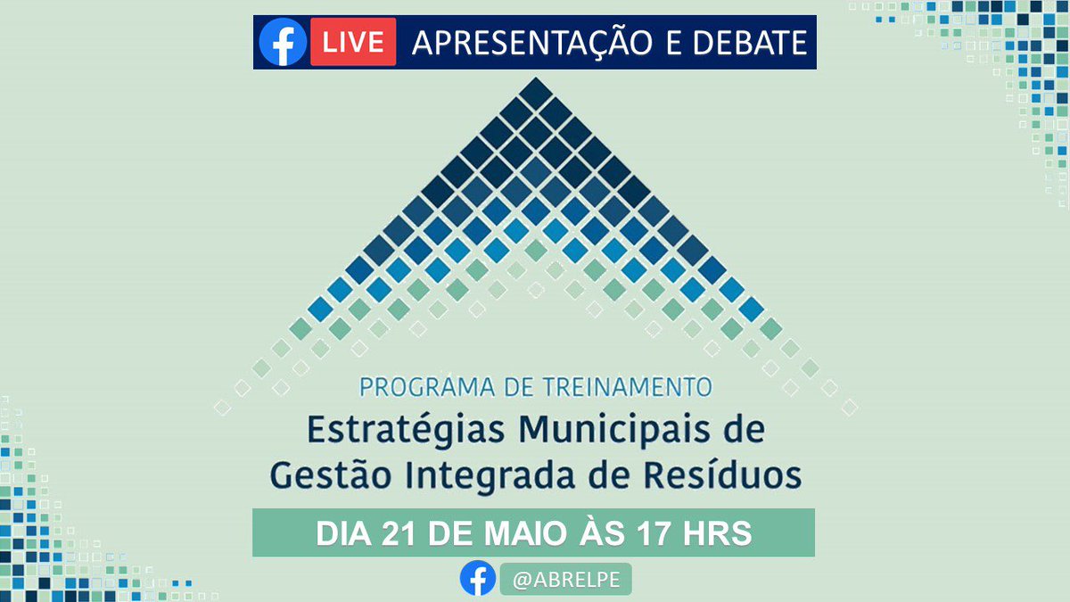 Abrelpe's tweet photo. 21/5 (quinta) iremos fazer uma live no perfil da ABRELPE no Face para apresentar e tirar dúvidas sobre o Programa de Treinamento Estratégias Municipais de Gestão Integrada de Resíduos 🇧🇷 🇸🇪
#abrelpe #treinamento #pnrs #meioambiente #sustentabilidade #PGIRS #resíduos #prefeitura https://t.co/2ayRbOOkMe