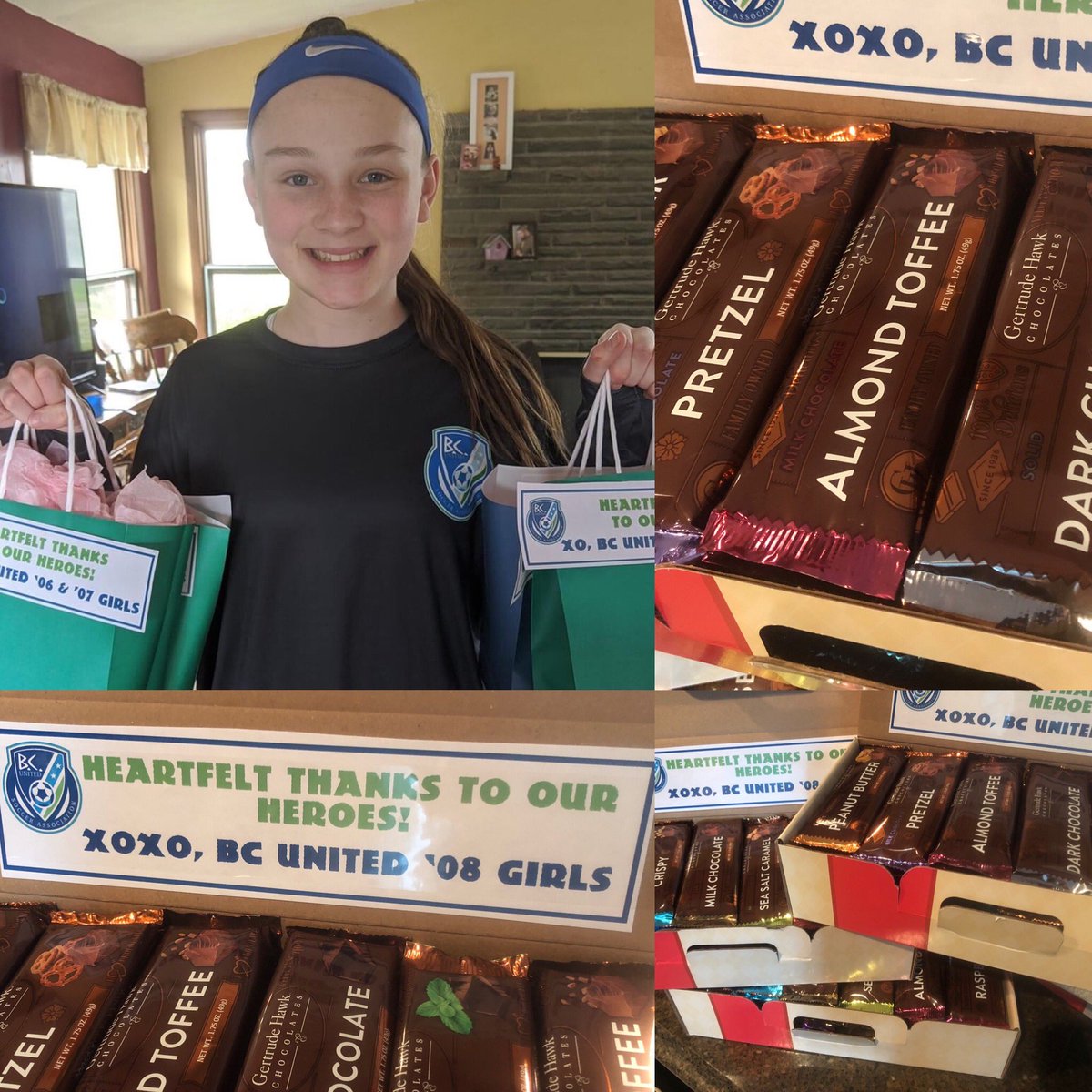 BCUnitedSoccer1's tweet photo. BC United โ06, โ07 and โ08 Girls Just Finished Up Another Round of โTHANK YOUโs,โ Stationing Cases Upon Cases of Gertrude Hawk Chocolate Bars For Our Healthcare and Emergency Services Community. #BCUProud #SmallToken #WeStayedHome ๐โฝ๏ธ๐ https://t.co/Dktq7QjJpg