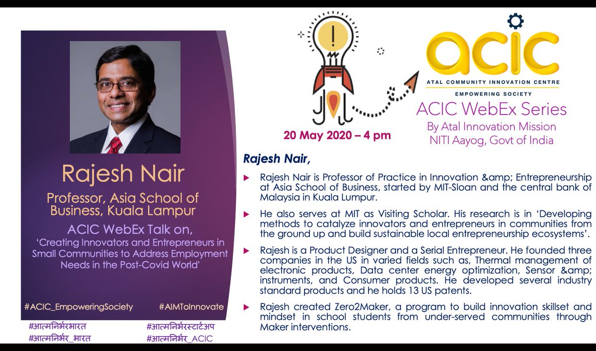 unnatpandit's tweet photo. A unique #Zero2Maker mechanism and bright finishes as #StudentStartup. If we catalyze change at School then can change anywhere. Define the measurable outcome in the #startupjourney. A wonderful session of Rajesh Nair organized by @AIMtoInnovate @NITIAayog as #ACICWebExSeries https://t.co/FGE0kTHCAo