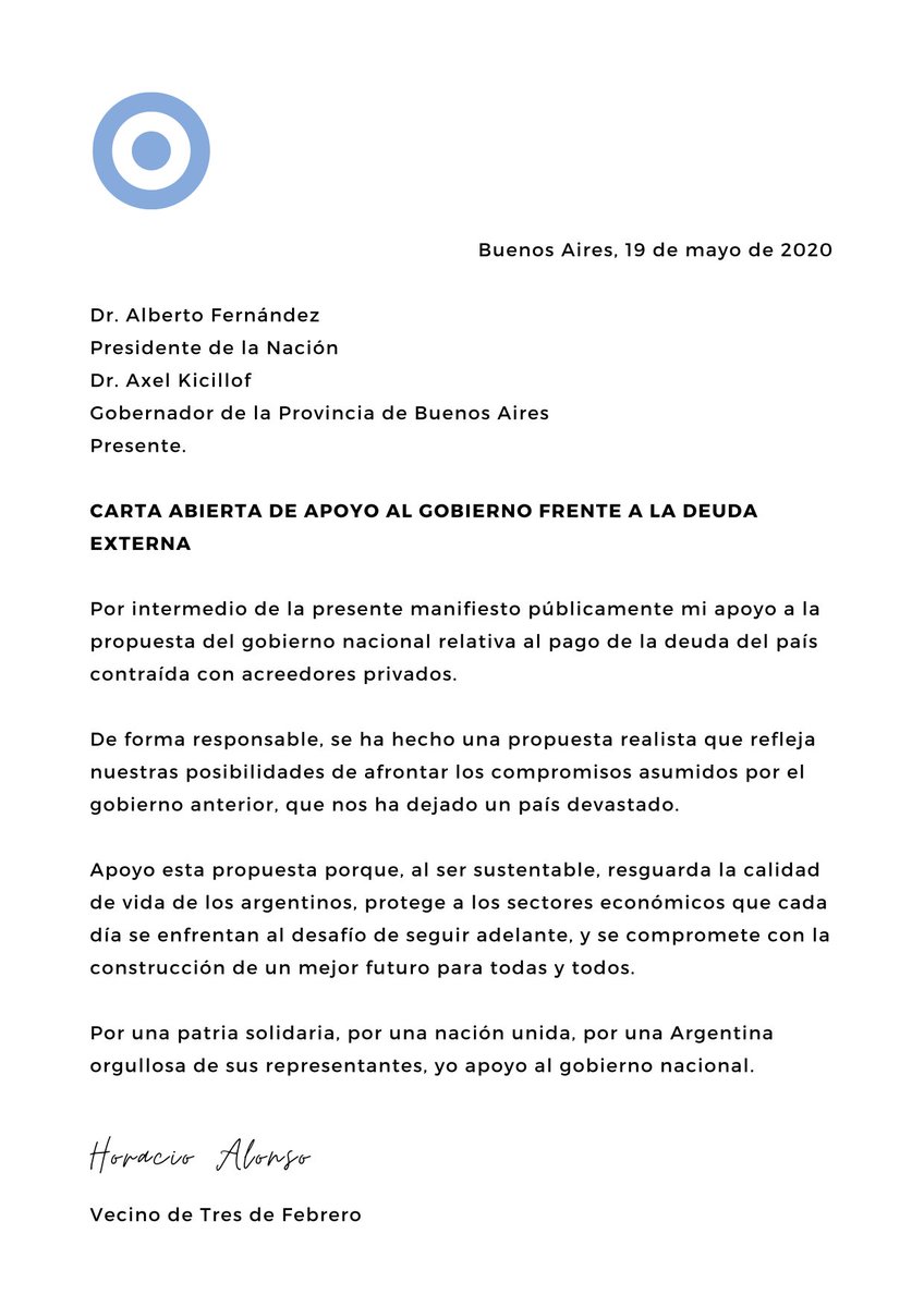 HoracioAlonsoAr's tweet photo. CARTA ABIERTA AL PRESIDENTE

Si vos también apoyas la propuesta de negociación de la deuda del gobierno nacional de @alferdez  y provincial de @Kicillofok acompanémoslos compartiendo esta carta 💪🇦🇷

#ArgentinaUnida #VamosArgentina https://t.co/AqjL7u9kNp
