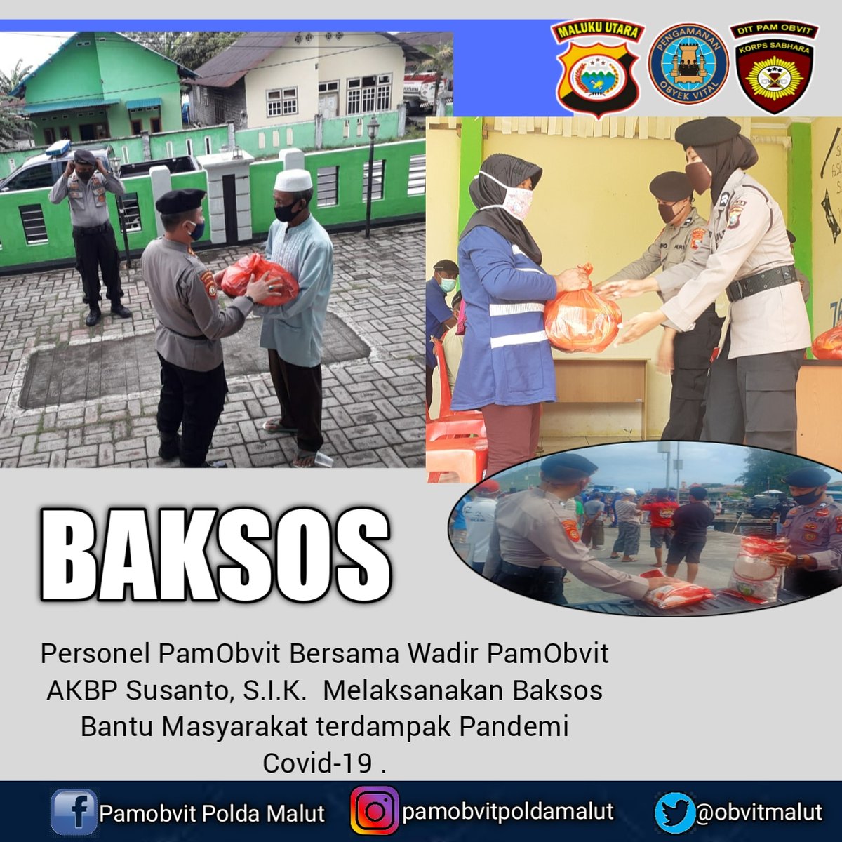 PamObvitMalut's tweet photo. Personel PamObvit Bersama Wadir PamObvit AKBP Susanto, S.I.K.  Melaksanakan Baksos Bantu Masyarakat terdampak Pandemi Covid-19 . https://t.co/BgfbT73ZAb