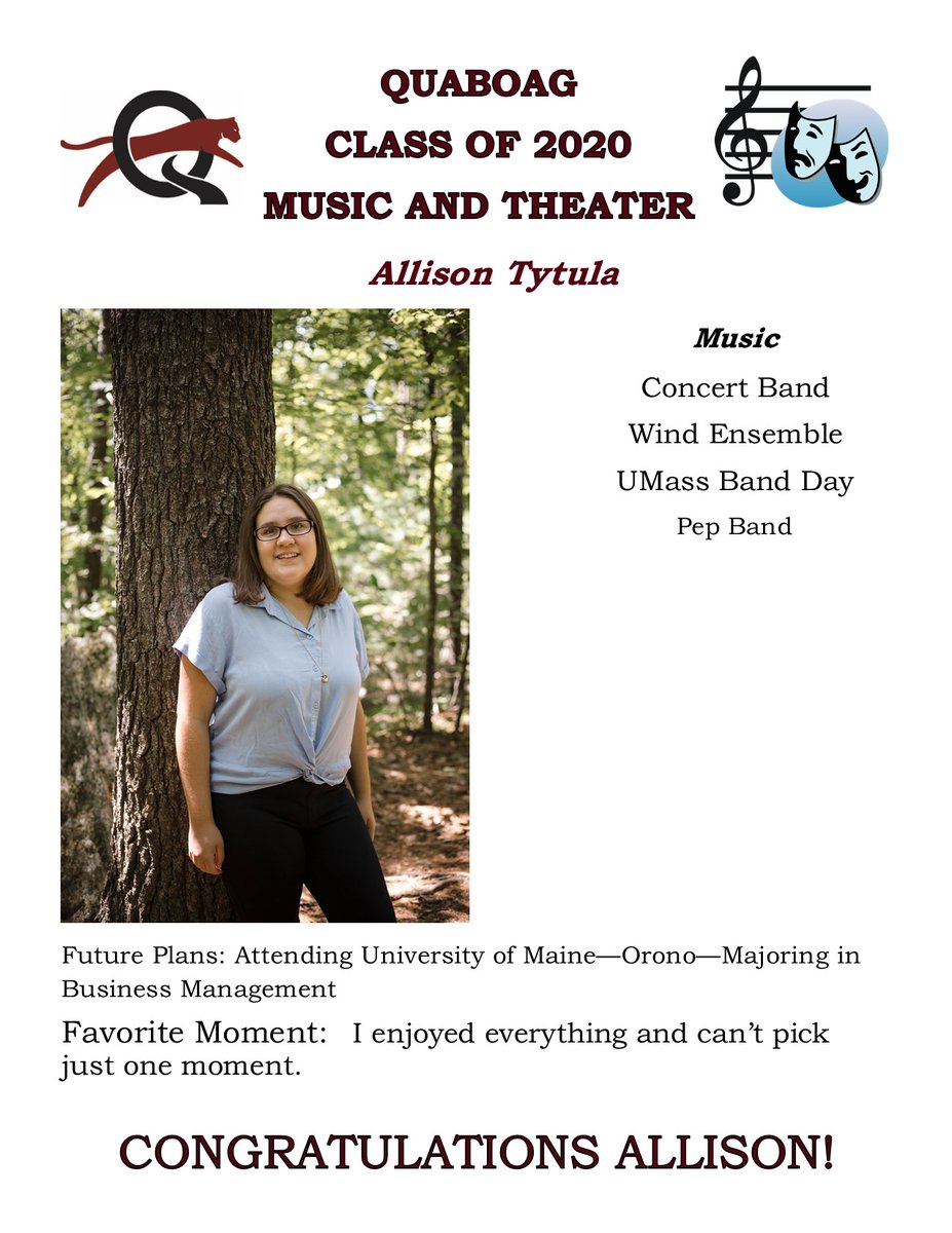QuaboagMusic's tweet photo. Quaboag Performing Arts Senior Spotlight.  Congratulations Alli!
#ClassOf2020 https://t.co/Ij7hew3RWC