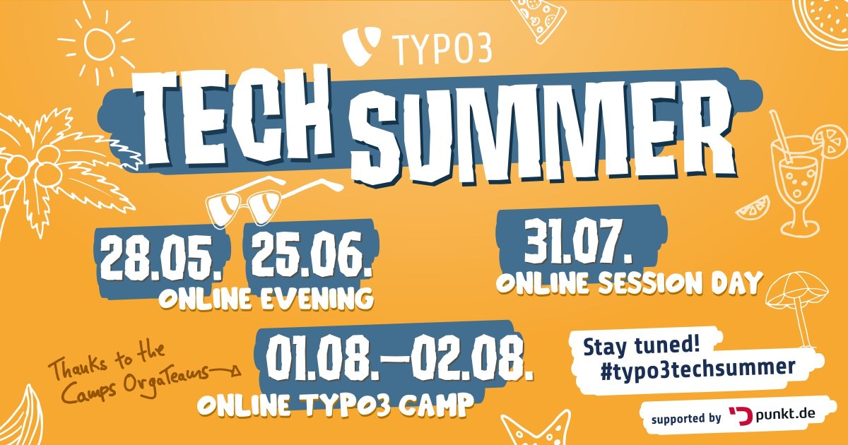typo3's tweet photo. May we present the alternative to this year’s #TYPO3 Developer Days: #TYPO3TechSummer - An event series supported by @punkt_de featuring two online evenings, a full day of online talks, and an online TYPO3 camp. Join the fun! 😎 #OpenSource #CMS #T3DD
https://t.co/sYswNBKUus https://t.co/efgZLVa6G9